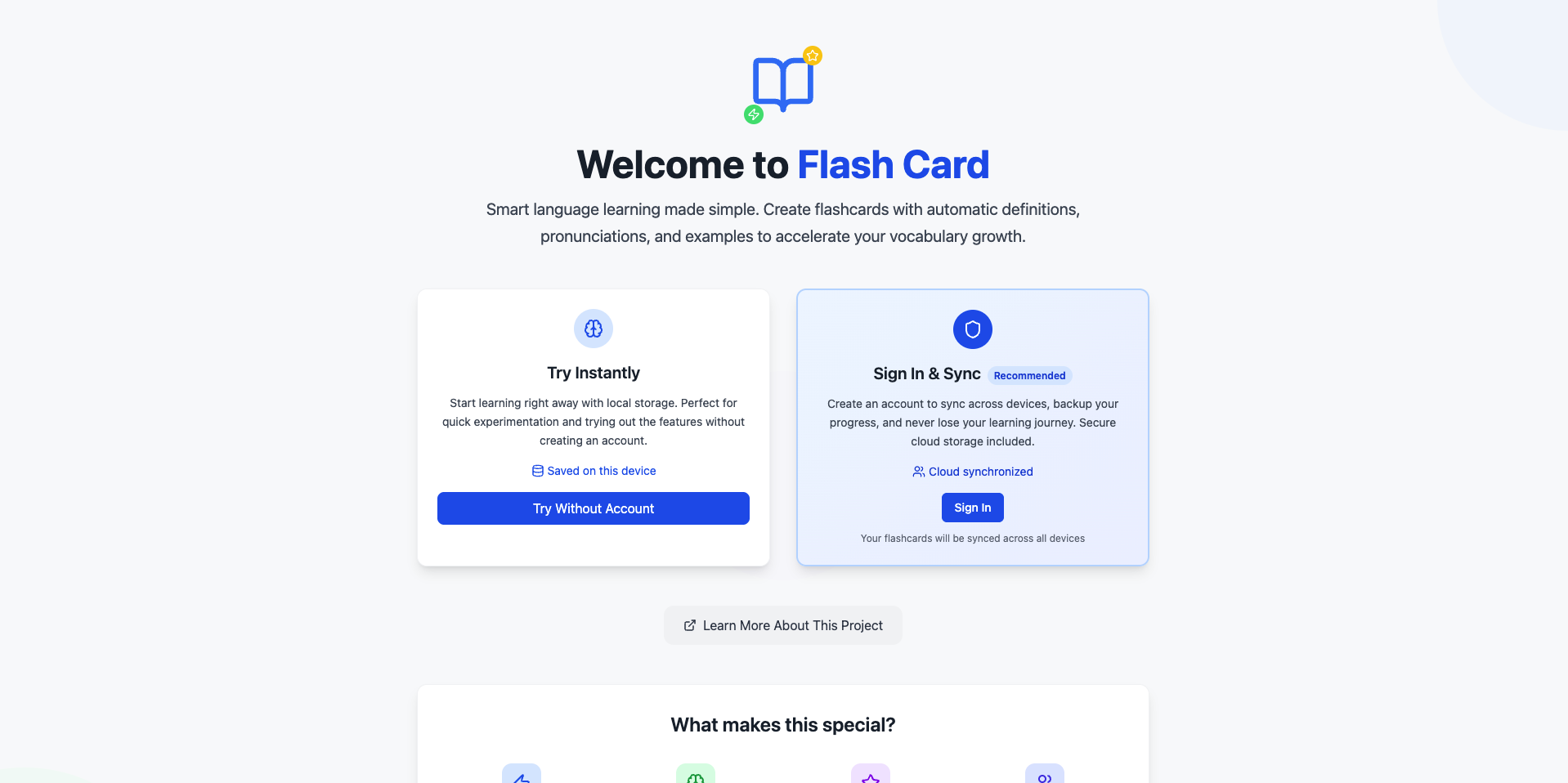 Flash Card Landing Page